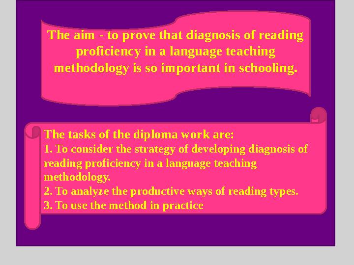 The aim - to prove that diagnosis of reading proficiency in a language teaching methodology is so important in schooling. The