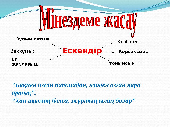 Ескендір Көзі тар Көрсеқызар тойымсыз Ел жаулағыш баққұмар Зұлым патша “Бақпен озған патшадан, мимен озған қара артық”. “Хан а