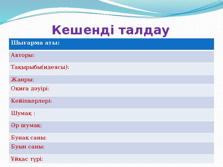 Кешенді талдау Шығарма аты: Авторы: Тақырыбы(идеясы): Жанры: Оқиға дәуірі: Кейіпкерлері: Шумақ : Әр шумақ: Бунақ саны: Буын саны