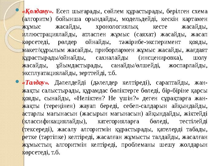 «Қолдану». Есеп шығарады, сөйлем құрастырады, берілген схема (алгоритм) бойынша орындайды, модельдейді, кескін картамен