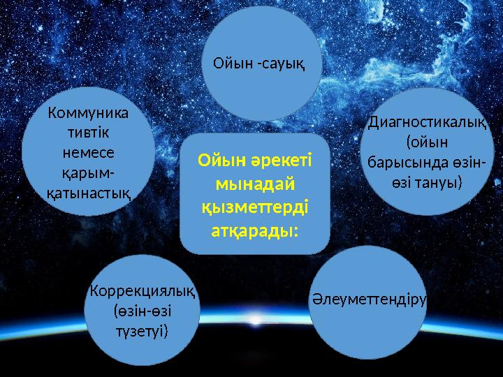 Ойын әрекеті мынадай қызметтерді атқарады: Коммуника тивтік немесе қарым- қатынастық Ойын -сауық Диагностикалық (ойын ба