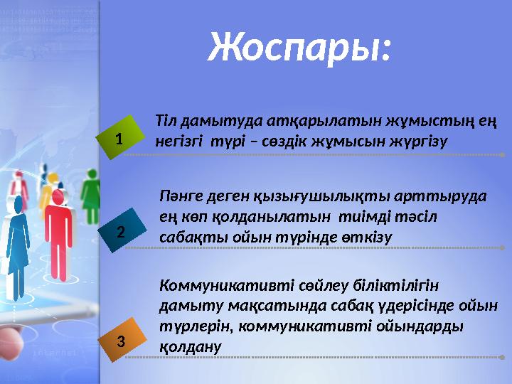 Жоспары: 1 2 3 Тіл дамытуда атқарылатын жұмыстың ең негізгі түрі – сөздік жұмысын жүргізу Пәнге деген қызығушылықты арттыруд