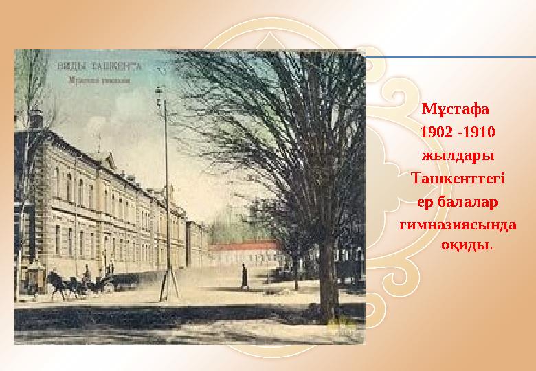 Мұстафа 1902 -1910 жылдары Ташкенттегі ер балалар гимназиясында оқиды .