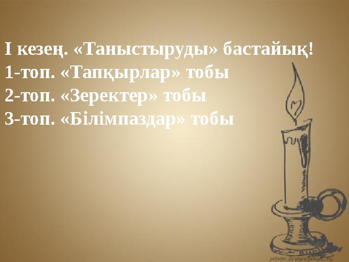І кезең. «Таныстыруды» бастайық! 1-топ. «Тапқырлар» тобы 2-топ. «Зеректер» тобы 3-топ. «Білімпаздар» тобы