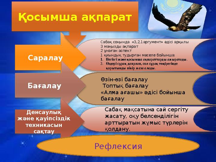 Сабақ соңында «3,2,1аргумент» әдісі арқылы 3 маңызды ақпарат 2 ұнаған аспект 1 қиындық тудырған мәселе бойынша: 1.Негізгі жән