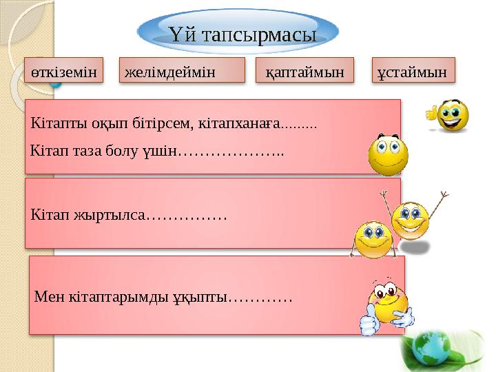 Кітапты оқып бітірсем, кітапханаға……… Кітап жыртылса…………… Мен кітаптарымды ұқыпты………… желімдеймін өткіземін қапта