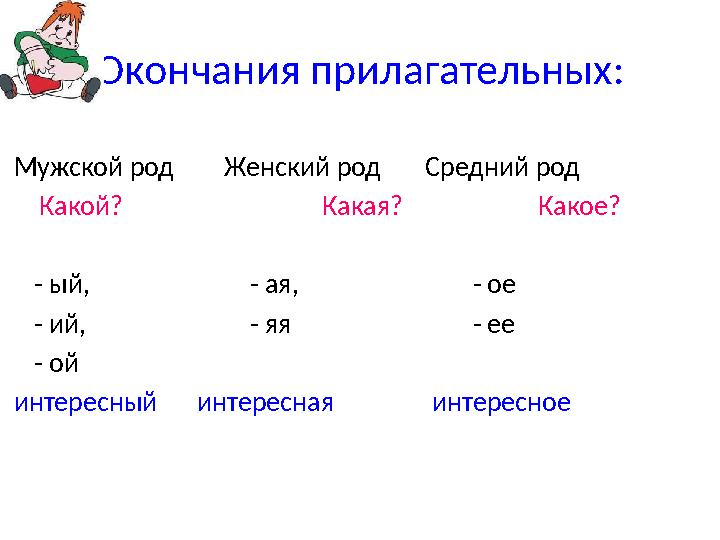 Окончания прилагательных: Мужской род Женский род Средний род Какой? Какая? Какое? - ый, - ая, - ое - ий,
