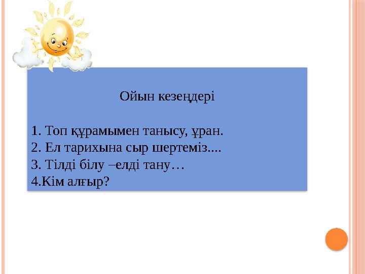 Ойын кезеңдері 1. Топ құрамымен танысу, ұран. 2. Ел тарихына сыр шертеміз.... 3. Тілді білу –елді тану… 4.Кім алғыр?
