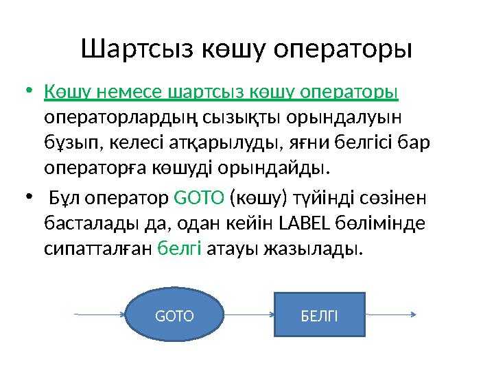 Шартсыз көшу операторы •Көшу немесе шартсыз көшу операторы операторлардың сызықты орындалуын бұзып, келесі атқарылуды, яғни бе