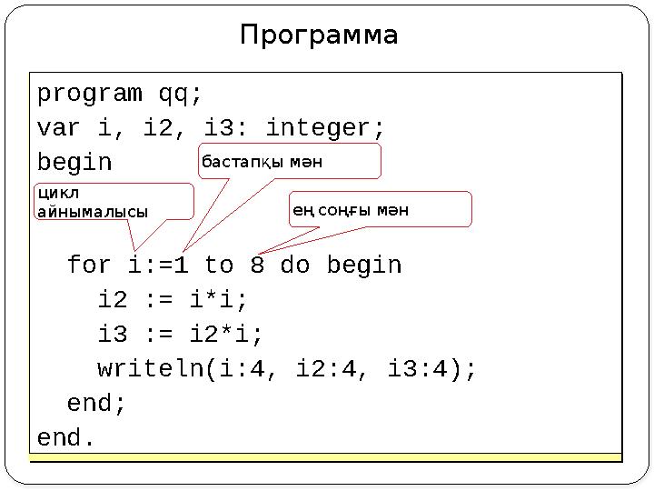 Программа program qq; var i, i2, i3: integer; begin for i:=1 to 8 do begin i2 := i*i; i3 := i2*i; writeln(i:4,