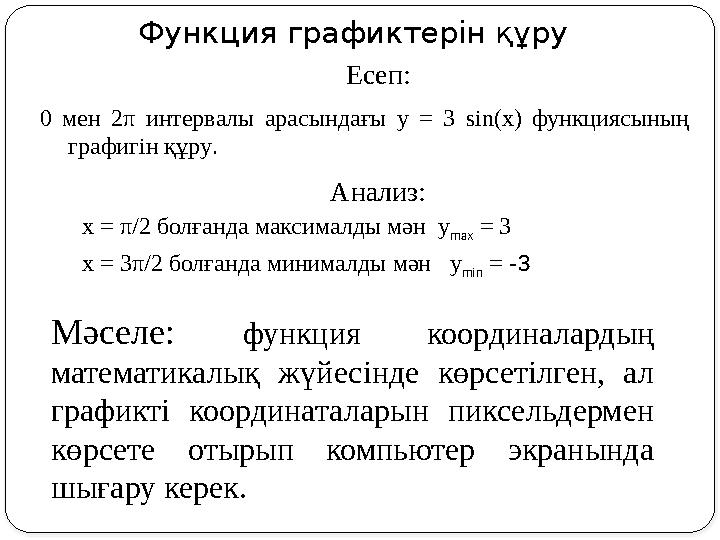 Функция графиктерін құру Есеп: 0 мен 2π интервалы арасындағы y = 3 sin(x) функциясының графигін құру. Анализ: x =