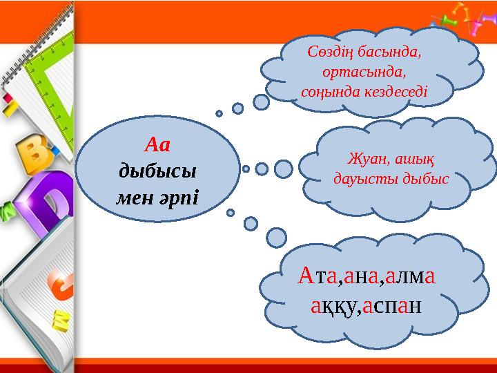 Аа дыбысы мен әрпі Сөздің басында, ортасында, соңында кездеседі Жуан, ашық дауысты дыбыс Ата,ана,алма аққу,аспан