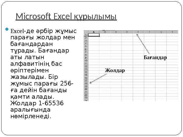 Microsoft Excel құрылымы  Excel-де әрбір жұмыс парағы жолдар мен бағандардан тұрады. Бағандар аты латын алфавитінің бас
