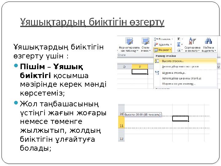 Ұяшықтардың биіктігін өзгерту үшін : Пішім – Ұяшық биіктігі қосымша мәзірінде керек мәнді көрсетеміз; Жол таңбашасының