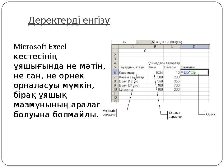Деректерді енгізу Microsoft Excel кестесінің ұяшығында не мәтін, не сан, не өрнек орналасуы мүмкін, бірақ ұяшық мазмұнын