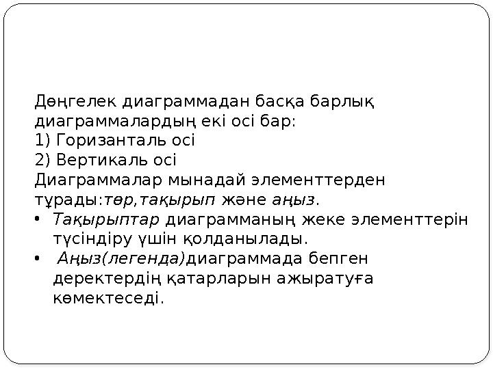Дөңгелек диаграммадан басқа барлық диаграммалардың екі осі бар: 1) Горизанталь осі 2) Вертикаль осі Диаграммалар мынадай эл