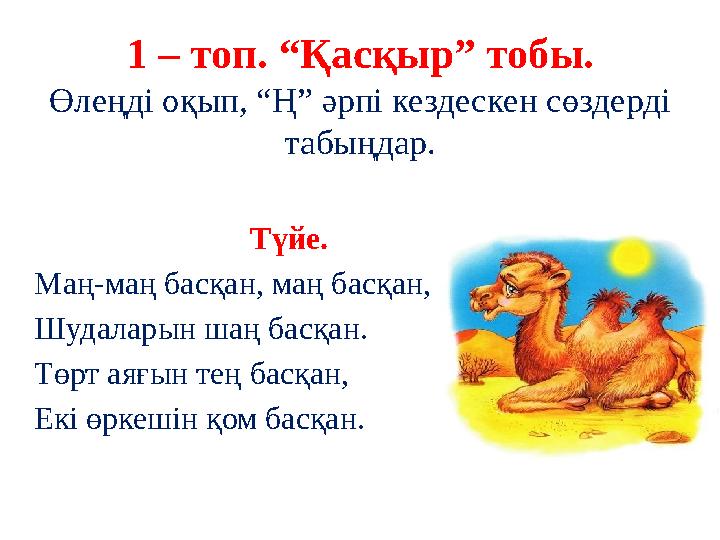 1 – топ. “Қасқыр” тобы. Өлеңді оқып, “Ң” әрпі кездескен сөздерді табыңдар. Түйе. Маң-маң басқан, маң басқан, Шудаларын шаң басқ