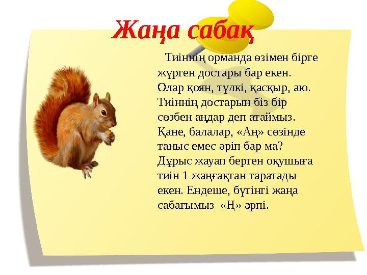 Жаңа сабақ Тиіннің орманда өзімен бірге жүрген достары бар екен. Олар қоян, түлкі, қасқыр, аю. Тиіннің достарын біз бір сө