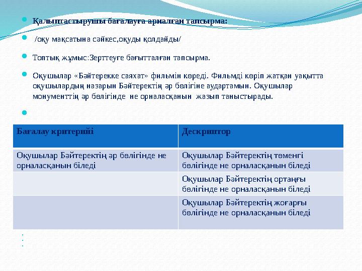  Қалыптастырушы бағалауға арналған тапсырма:  /оқу мақсатына сәйкес,оқуды қолдайды/  Топтық жұмыс:Зерттеуге бағытталған т