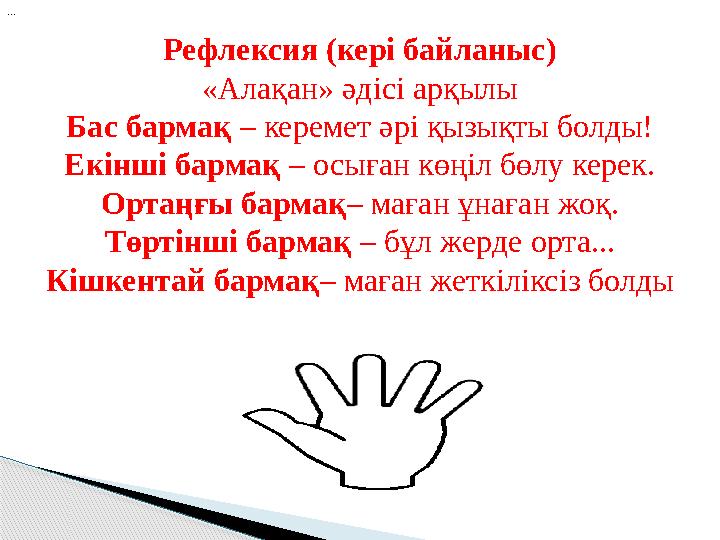 Рефлексия (кері байланыс) «Алақан» әдісі арқылы Бас бармақ – керемет әрі қызықты болды! Екінші бармақ – осыған көңіл бөлу