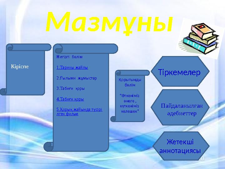 Мазмұны Кіріспе Негізгі бөлім 1.Тарихы жайлы 2.Ғылыми жұмыстар 3.Табиғи қоры 4.Табиғи қоры 5.Қорық жайында түсірі л