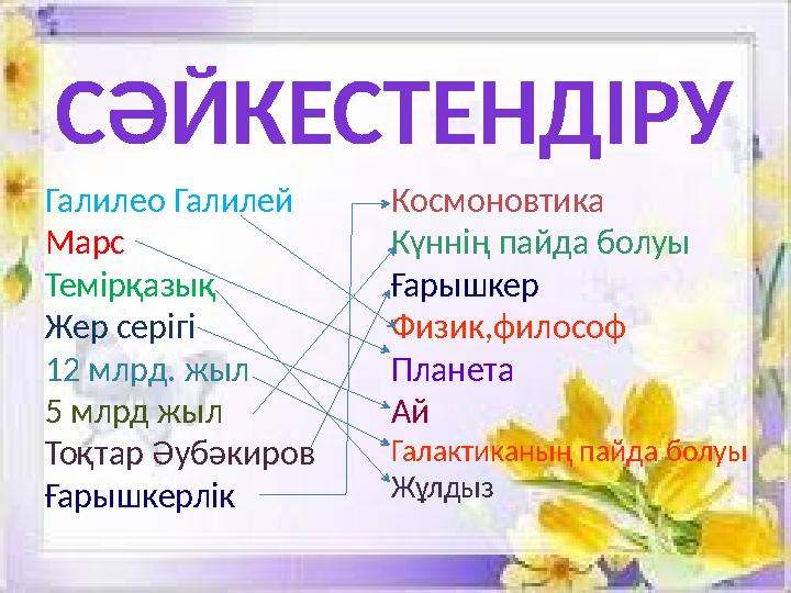 СӘЙКЕСТЕНДІРУ Галилео Галилей Марс Темірқазық Жер серігі 12 млрд. жыл 5 млрд жыл Тоқтар Әубәкиров Ғарышкерлік Космоновтика Күнні