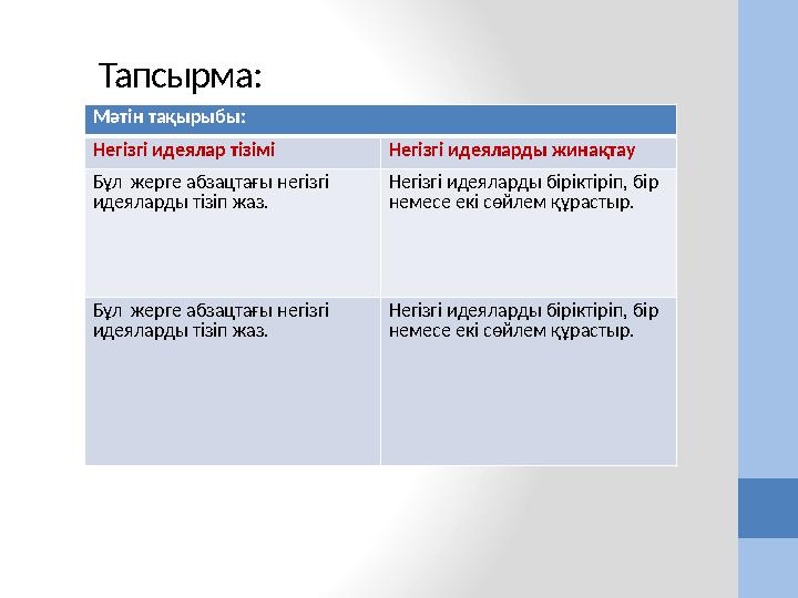 Тапсырма: Мәтін тақырыбы: Негізгі идеялар тізімі Негізгі идеяларды жинақтау Бұл жерге абзацтағы негізгі идеяларды тізіп жаз.