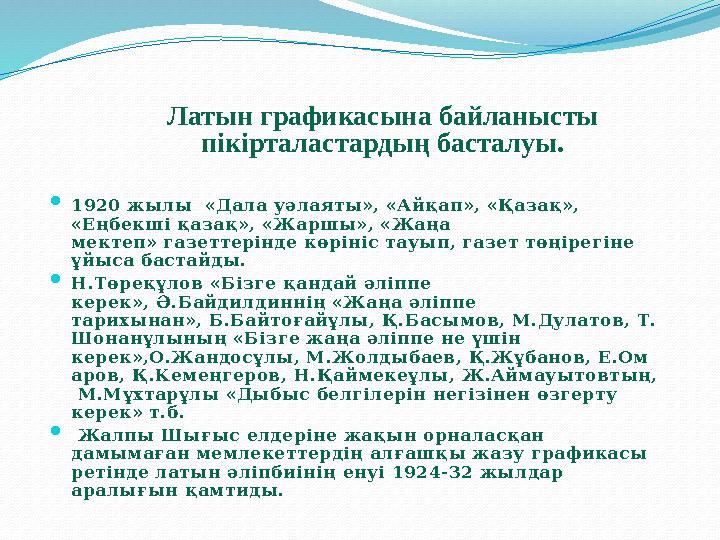 Латын графикасына байланысты пікірталастардың басталуы.  1920 жылы «Дала уәлаяты», «Айқап», «Қазақ», «Еңбекші қазақ», «Жаршы