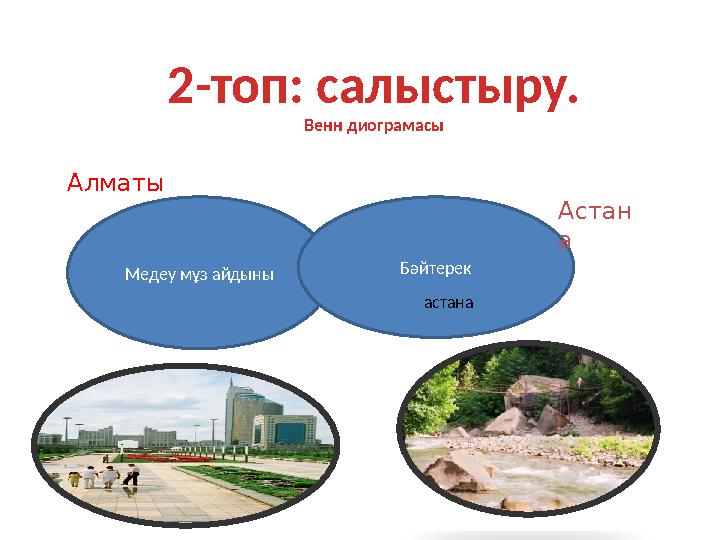 2-топ: салыстыру. Венн диограмасы Медеу мұз айдыны Бәйтерек Алматы Астан а астана