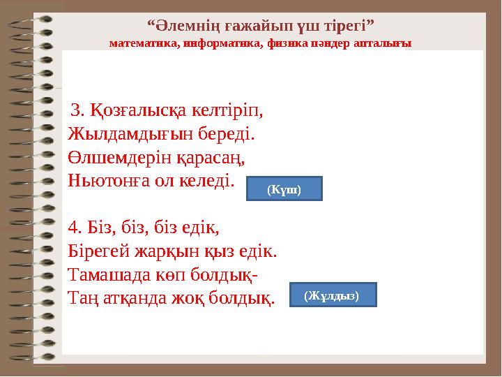 “Әлемнің ғажайып үш тірегі” математика, информатика, физика пәндер апталығы 3. Қозғалысқа келтіріп, Жылдамдығын береді. Өлшем