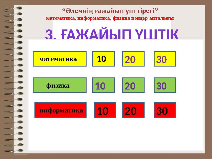 “Әлемнің ғажайып үш тірегі” математика, информатика, физика пәндер апталығы 3. ҒАЖАЙЫП ҮШТІК 10 10 2030 2030 2030 математика физ
