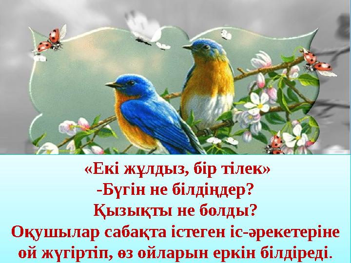 «Екі жұлдыз, бір тілек» -Бүгін не білдіңдер? Қызықты не болды? Оқушылар сабақта істеген іс-әрекетеріне ой жүгіртіп, өз ойлары