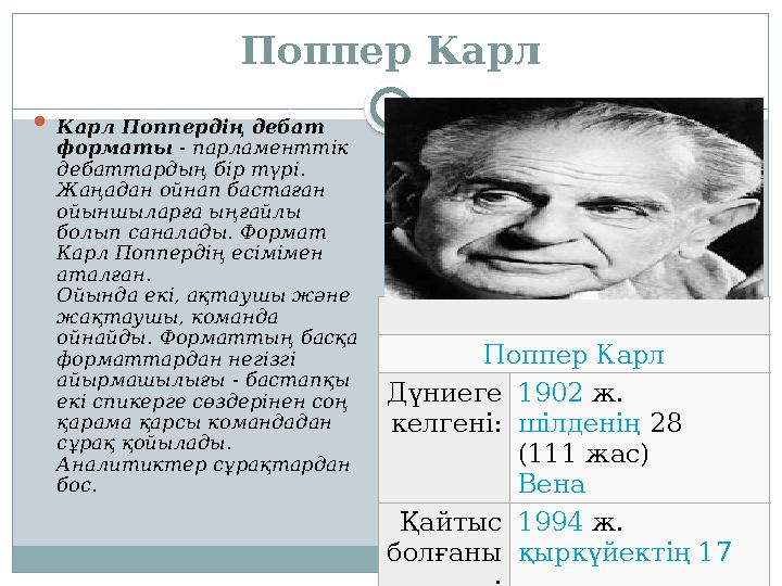 Поппер Карл  Карл Поппердің дебат форматы - парламенттік дебаттардың бір түрі. Жаңадан ойнап бастаған ойыншыларға ыңғайлы