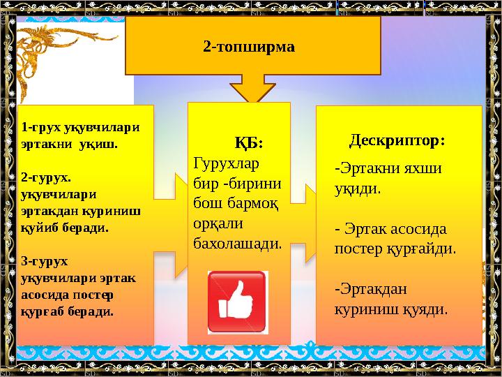 2-топширма ҚБ: Гурухлар бир -бирини бош бармоқ орқали бахолашади. Дескриптор: 1-грух уқувчилари