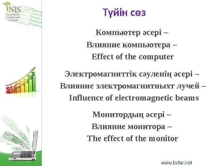 www.bzfar.net Түйін сөз Компьютер әсері – Влияние компьютера – Effect of the computer Электромагниттік сәуленің әсері – Влиян