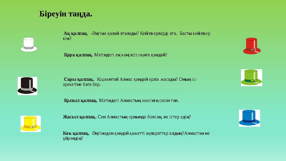 Ақ қалпақ. -Әңгіме қалай аталады? Кейіпкерлерді ата. Басты кейіпкер кім? Қара қалпақ. Мәтіндегі ең көңілсіз о
