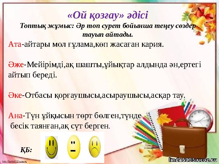 «Ой қозғау» әдісі Топтық жұмыс: Әр топ сурет бойынша теңеу сөздер тауып айтады. Ата-айтары мол ғұлама,көп жасаған кария. Әже-Ме