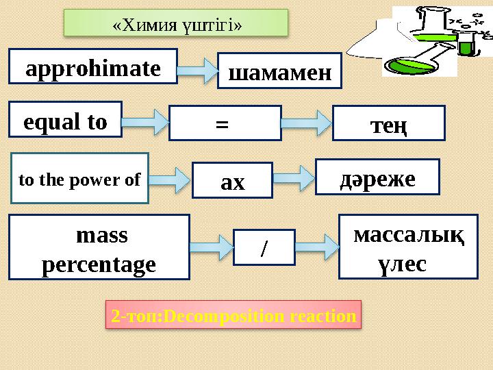 «Химия үштігі» тең= equal to шамаменapprohimate to the power of дәрежеax массалық үлес / mass percentage 2-топ:Decompos