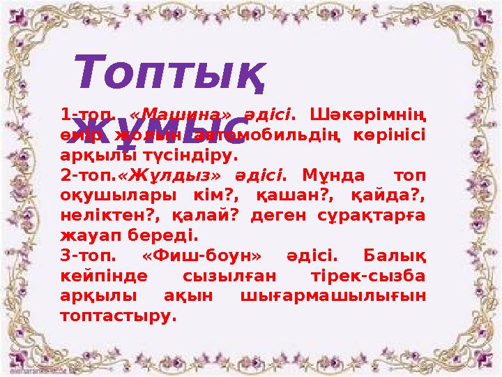 Топтық жұмыс 1-топ. «Машина» әдісі . Шәкәрімнің өмір жолын автомобильдің көрінісі арқылы түсіндіру. 2-топ. «Жұлдыз»