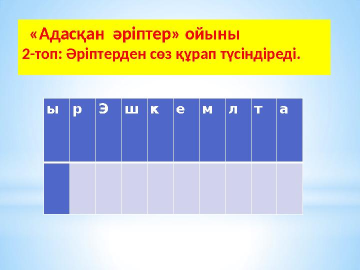 ы р Э ш к е м л т а «Адасқан әріптер» ойыны 2-топ: Әріптерден сөз құрап түсіндіреді.