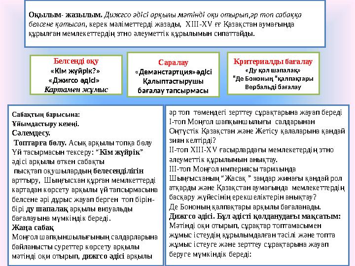 Оқылым- жазылым. Дижгсо әдісі арқылы мәтінді оқи отырып,әр топ сабаққа белсене қатысап, керек мәліметтерді жазады, XIII-XV ғғ