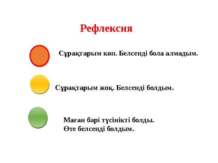 Рефлексия Сұрақтарым көп. Белсенді бола алмадым. Сұрақтарым жоқ. Белсенді болдым. Маған бәрі түсінікті болды. Өте белсенді бо
