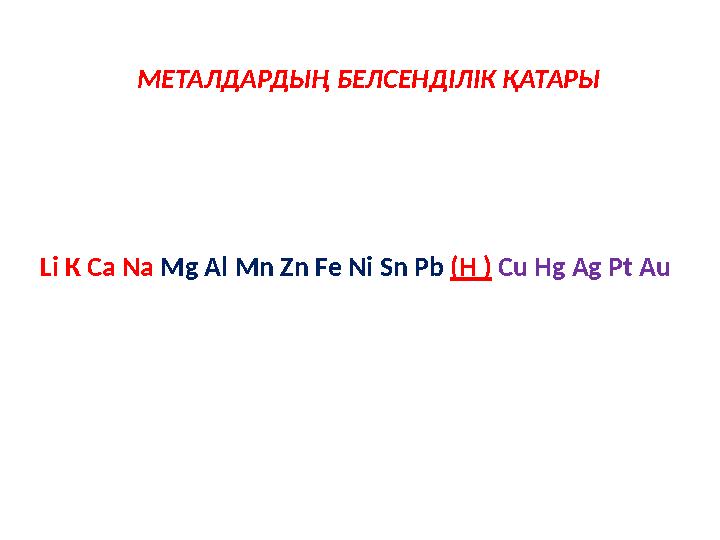 МЕТАЛДАРДЫҢ БЕЛСЕНДІЛІК ҚАТАРЫ Li К Са Na Mg Al Mn Zn Fe Ni Sn Pb (H ) Сu Hg Ag Pt Аu