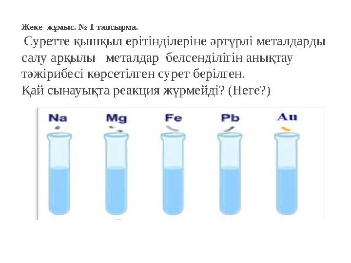 Жеке жұмыс. № 1 тапсырма. Суретте қышқыл ерітінділеріне әртүрлі металдарды салу арқылы металдар белсенділігін анықтау тәж