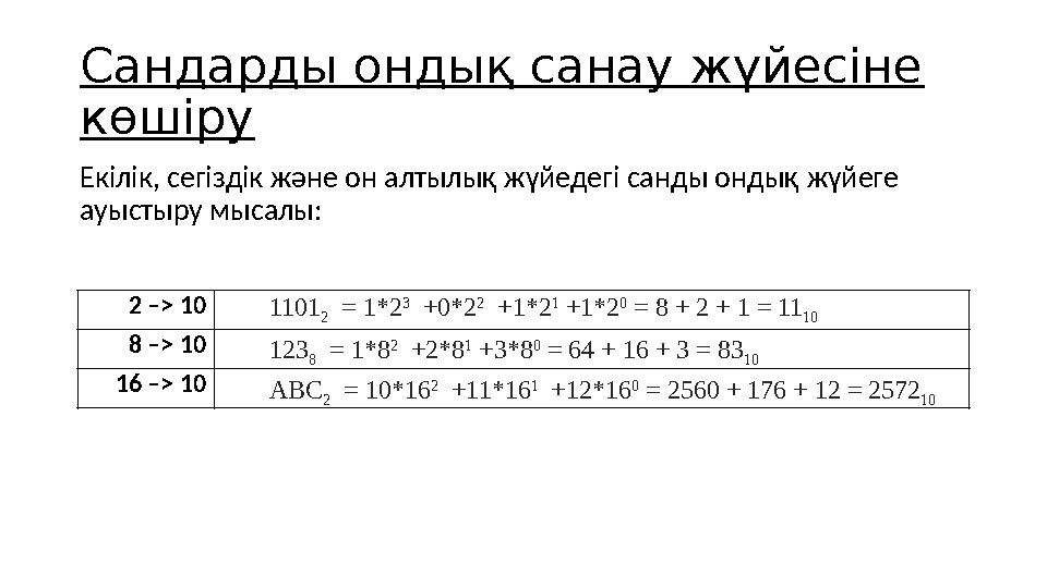 Сандарды ондық санау жүйесіне көшіру Екілік, сегіздік және он алтылық жүйедегі санды ондық жүйеге ауыстыру мысалы: 1101 2 =