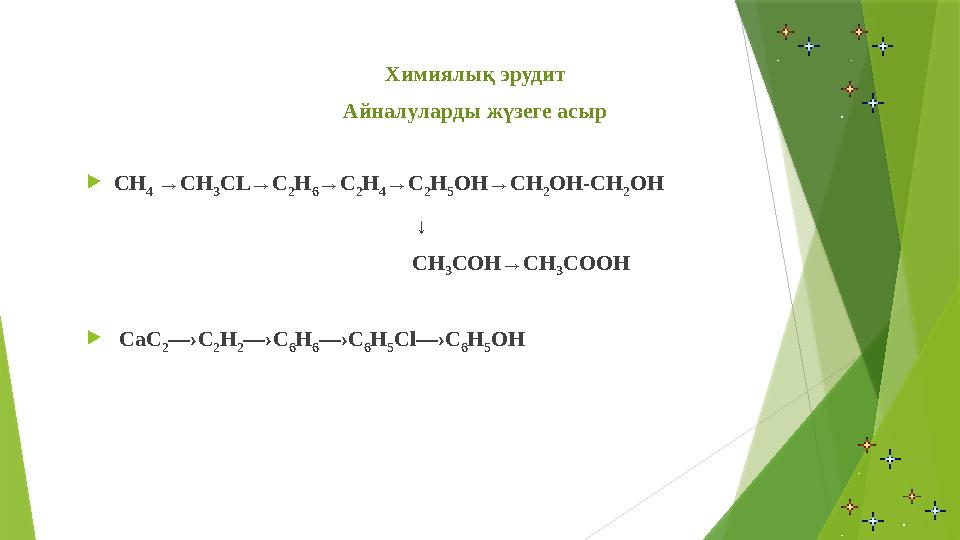 Химиялық эрудит Айналуларды жүзеге асыр CH 4 →CH 3 CL→C 2 H 6 →C 2 H 4 →C 2 H 5 OH→CH 2 OH-CH 2 OH