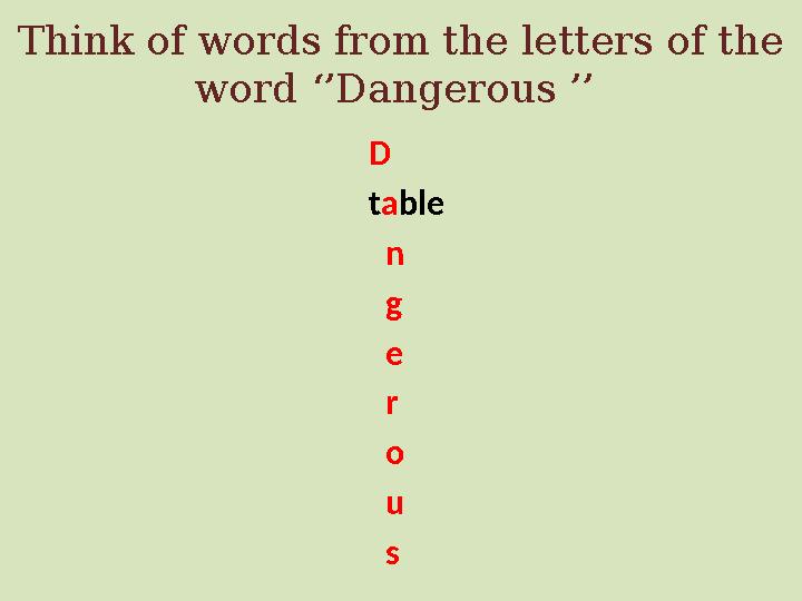 Think of words from the letters of the word ‘’Dangerous ’’ D