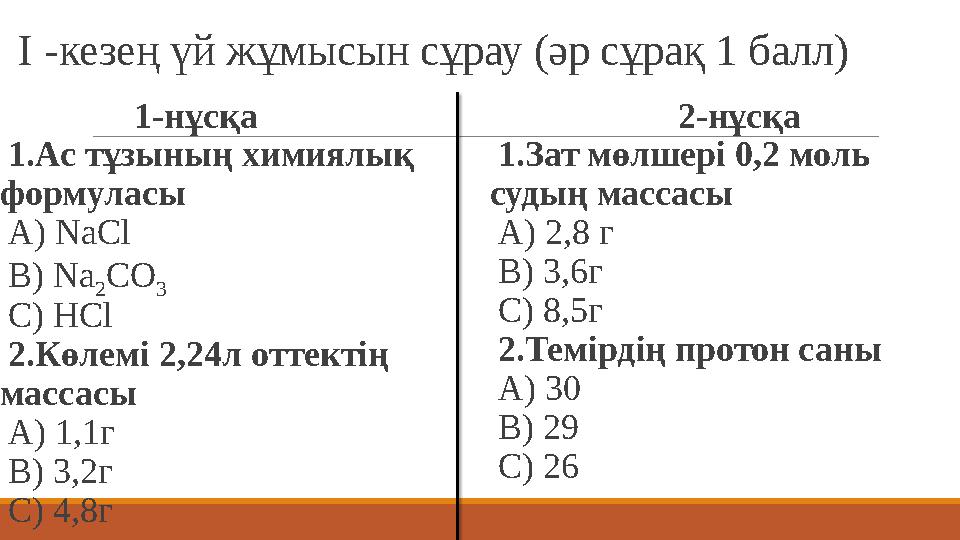 I -кезең үй жұмысын сұрау (әр сұрақ 1 балл) 1-нұсқа 1.Ас тұзының химиялық формуласы А) NaCl В) Na 2CO 3 С) H