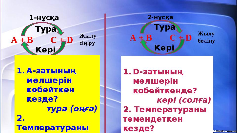 А + В С + D Тура Кері 1.А-затының мөлшерін көбейткен кезде? тура (оңға) 2. Температураны жоғарылатқан кезде? тур