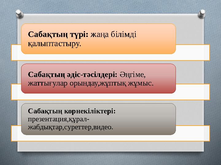 Сабақтың түрі: жаңа білімді қалыптастыру. Сабақтың әдіс-тәсілдері: Әңгіме, жаттығулар орындау,жұптық жұмыс. Сабақтың көрн